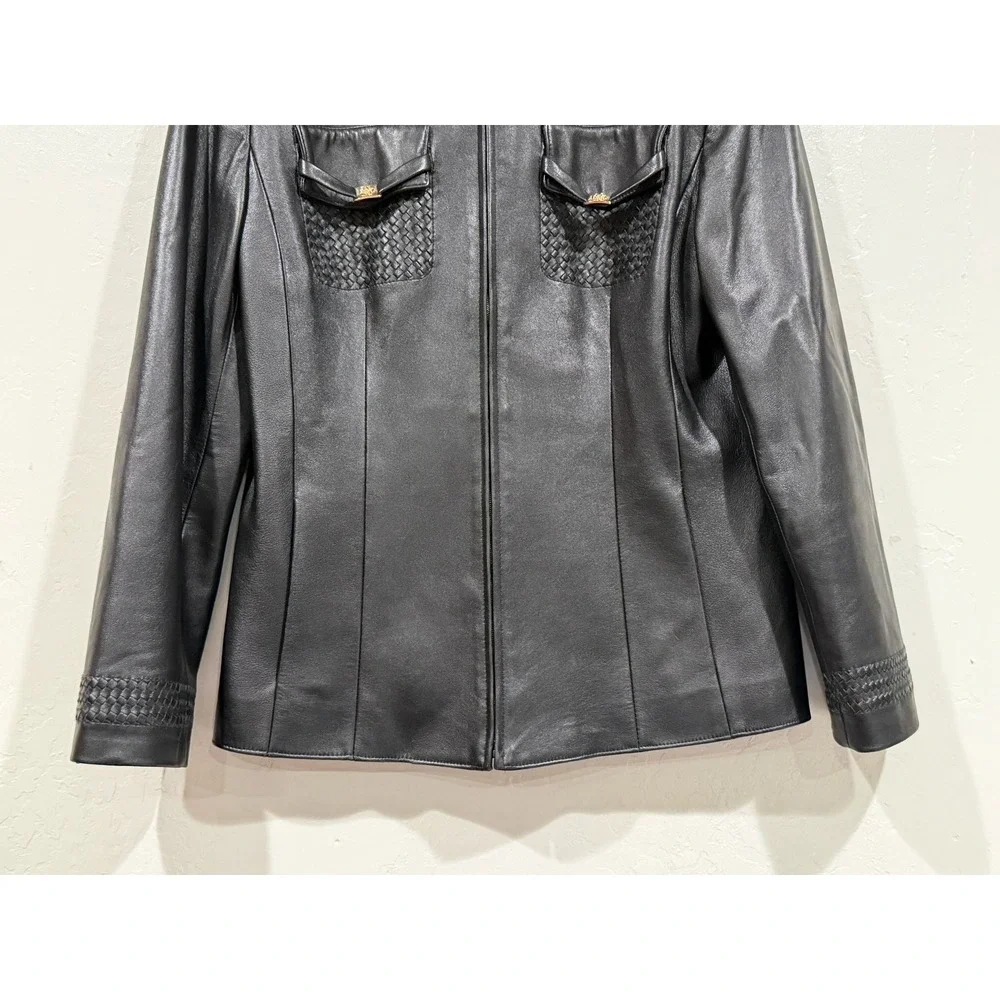 St John Sport Marie Gray Black Leather Jacket Woven Trim Gold Hardware Small